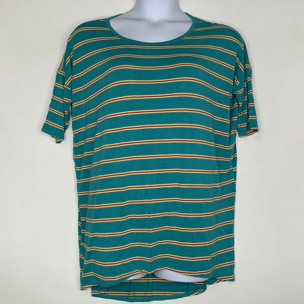LulaRoe Women Blouse Size Medium Striped Green Yellow Short Sleeve Tunic Pullove